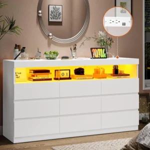 9 Drawer Dresser for Bedroom with LED Lights, Large Chest of Drawers Handle Free, Modern long Dressers with Charging Station