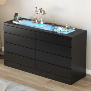 8 Drawer Dresser with Power Outlet, White Dresser for Bedroom Chest of Drawer with Glass Top & LED Light