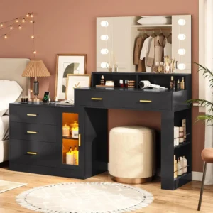 NEW Makeup Vanity Desk with Mirror and Lights & Charging Station, Black Vanity Table with 3 Drawers LED Dresser, Makeup Desk